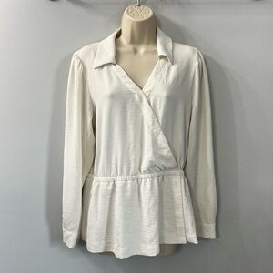 Alfani White Long Sleeve V Neck Faux Wrap Front Elastic Waist Blouse Large